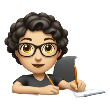 white skin mom with short dark hair writing  a notebook on a wooden desk  sticker