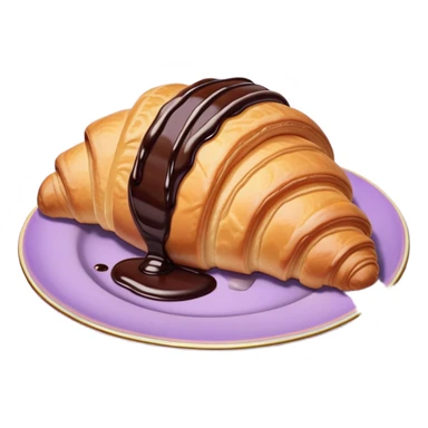 There's a croissant with chocolate syrup in a vintage pale purple plate. sticker