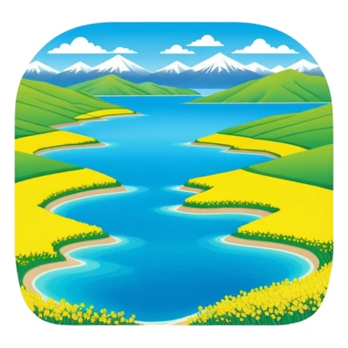 Qinghai Lake spring scenery with rapeseed flowers and blue water, simplified emoji style with bold outlines and bright colors, cartoon style vast lake with mountains sticker