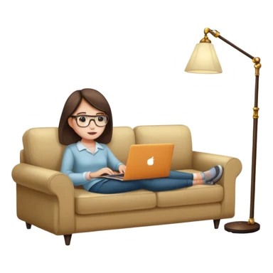 A girl is working with a laptop while lying on a sofa, with a floor lamp to the right. sticker