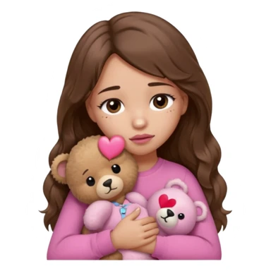 girl with long wavy brown hair, brown eyes, light to medium complexion, in a pink shirt, pink lips, long lashes, sad, hugging squeezing a teddy bear with a broken heart band aid sticker