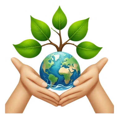 An icon featuring a green leaf, Earth held in hands, and a recycling symbol, symbolizing ecology. The design includes trees, clean water, and animals, representing environmental protection, sustainability, and ecosystems. Transparent background highlights the science of nature and conservation. sticker
