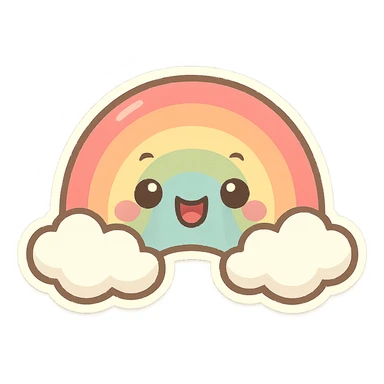 chibi sticker-style rainbow with a smiling face, cute and exaggerated sticker