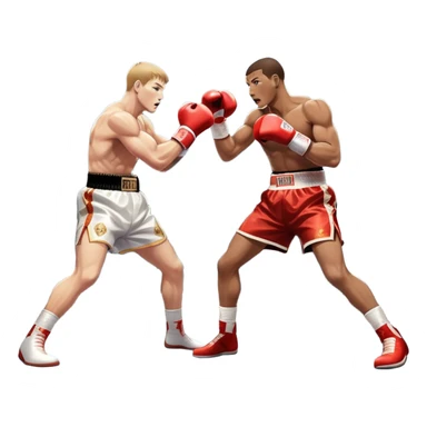 Two professional boxers in the ring fighting for the world championship title. One delivers a powerful straight punch to the head, while the other skillfully dodges. The background shows a brightly lit boxing arena with a roaring crowd. Transparent background sticker