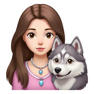 Girl with Brown long hair with husky white and grey and pink necklace for the husky  sticker