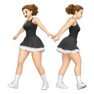 alistic-full-body-caucasian-curvy-beauty-jumping-short-black-skirt-back-and-front-views-strong-wind-white knickers-long-white-socks sticker