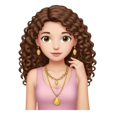 crée moi une jeune fille très belle avec les cheveux bouclés long brune avec un top  sans manche de couleur rose clair avec un peu de maquillage un collier en or sticker