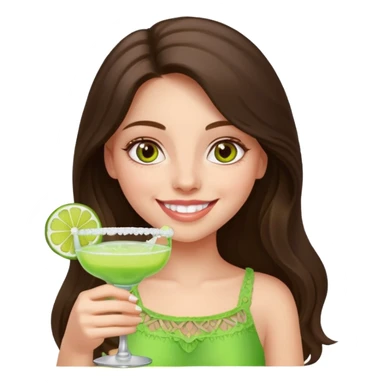 happy long haired brunette girl hazel eyes in light pink holding a margarita   sticker
