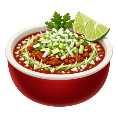 A delicious hot bowl of pozole rojo with separate sides: white chopped onions, green shredded cabbage, lime wedges, red chile de arbol salsa, and tostadas sticker