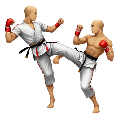 An emblem-style design featuring crossed martial arts weapons like a fist and foot, symbolizing striking combat sports. The background includes a silhouette of a fighter in an action pose, with dynamic lines and bold colors, showcasing speed and power. Transparent background. sticker