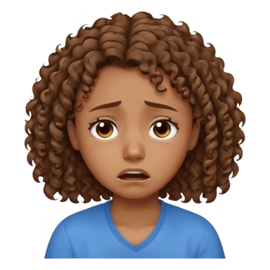 young curly hair girl, brown hair, with a blue shirt, in despair crying sticker