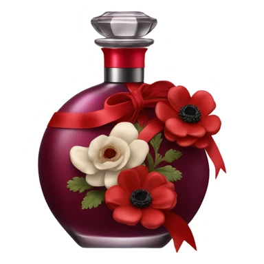 Dark red romantic perfume bottle with red anemones and a silk red ribbon sticker