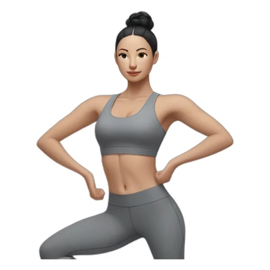 Pale skinned fit woman In a gray tight yoga suit and wristbands With black hair in a bun doing yoga sticker