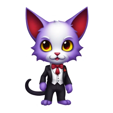 Cute-Evil-Vampiric-Batty-Cat-Black-Purple-Red-Yellow-Contrast-Colors-Fantasy-Fur-Sona-Chibi-Shiny-Fakémon-Hybrid with horns and big fangs neck bow white tie leg spats full body sticker