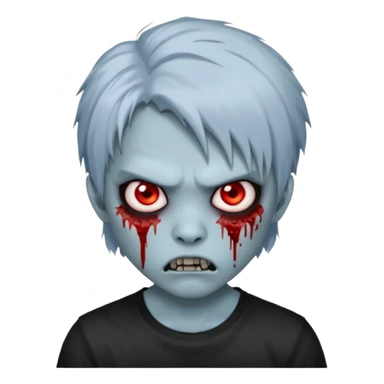  3D emoji-style avatar with very pale blue-grey zombie skin , a young Asian face, and large eyes with blood tears. Give it white litle bit messy mullet hair style , silver hoop earrings, and a plain black T-shirt. The face expression should be slightly angry, with vampire fang sticker