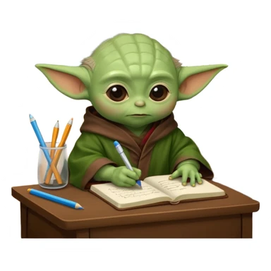 Baby Yoda con su tunica chocolate escribiendo en un cuaderno sobre un escritorio en un aula de clases sticker