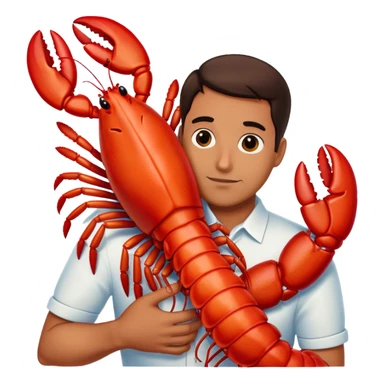 Man cuddling a big red lobster sticker
