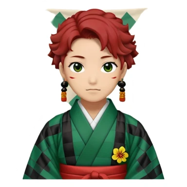 Tanjiro Kamado from Demon Slayer with black and green checkered haori and hanafuda earrings sticker