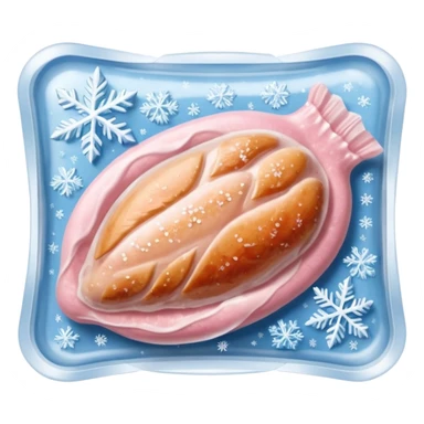 A pack of frozen chicken breasts sealed in transparent plastic packaging, covered with frost and ice crystals. The meat looks pale pink with a slight icy glaze, sitting in a freezer with cool blue lighting. Realistic detail, cold atmosphere, food photography style. sticker