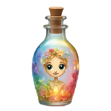 Antique oil bottle made of crystal glass of all delicate colors of the light rainbow, a living flower fairy sits at the bottom of the bottle sticker