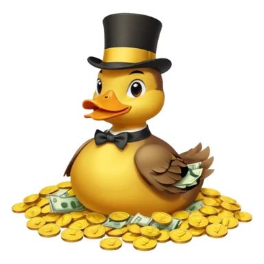 Duck character in top hat swimming in pile of gold coins and money bags sticker