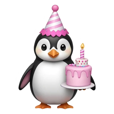 cute penguin with birthday hat hold a birthday pink cake in arms sticker