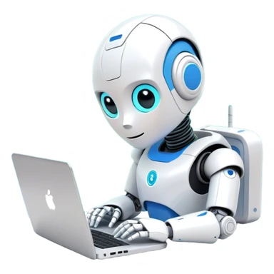 Emoji: a cute humanoid robot typing on a laptop, with lines of code appearing on the screen. The robot has a friendly expression, 3D style, minimalistic background, cool AI-inspired colors sticker