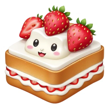 square toast topped with fluffy white cream, decorated with a strawberry bow made from two strawberry halves and a small sliced center, bright red and glossy, Clean soft shading, kawaii emoji style, centered object, no plate, no background, high detail, pastel tone sticker
