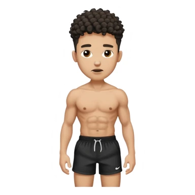 Ripped, athletic man with thick neck, high top fade with no part, curly hair only top only, no shirt and show waistline up, white male, black shorts and more man face sticker