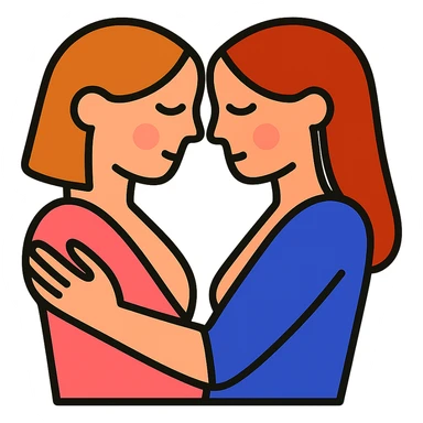 Add tasteful color accents to the icon of two women sharing intimacy, keep the lines clean and minimal, preserve transparent background. sticker