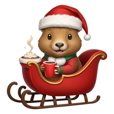 capybara wearing a santa hat, holding a cup of hot cocoa in a sleigh sticker