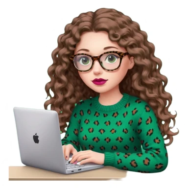 a european white young woman with long wavy/curly brown hair typing in a computer, she's using dark brown leopard glasses and knit green sweate, her lips are light red and her cheeks slightly pink sticker
