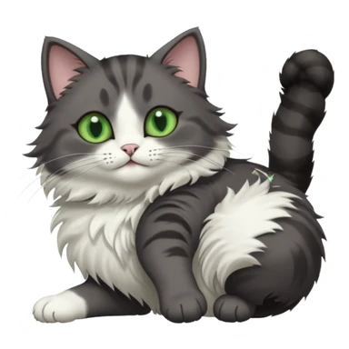 dark grey cat with green eyes, white toes/paws and white patch on her chest playfully rolling upside down sticker