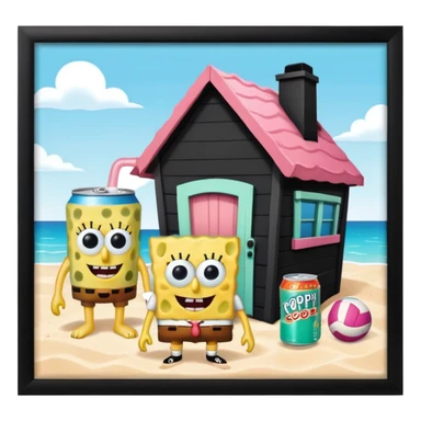 make an image of bikini bottom with SpongeBob,Patrick and squidwards houses,but instead with these objects (poppi soda,volleyball and rare beauty blush) sticker