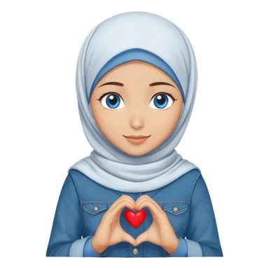 Turkish beautiful finish Konya girl blue eyes with denim hijab islamic dress and making heart with hands and with thank you text sticker
