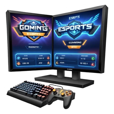 An icon featuring a gaming monitor displaying an intense esports competition, with players' hands on controllers and keyboards. A digital scoreboard and glowing energy lines surround the scene, symbolizing the excitement of competitive gaming. Transparent background highlights the world of esports. sticker