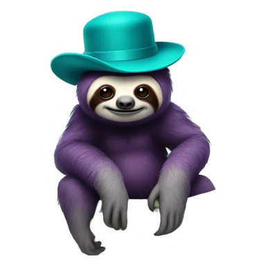 Purple sloth on a banana tree wearing a bowler hat that is turquoise with an evil face  sticker
