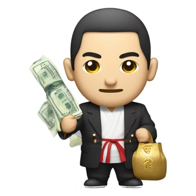 Japanese Yakuza with Samurai Sword but also holding in his hands a bag of fat stacks of money sticker