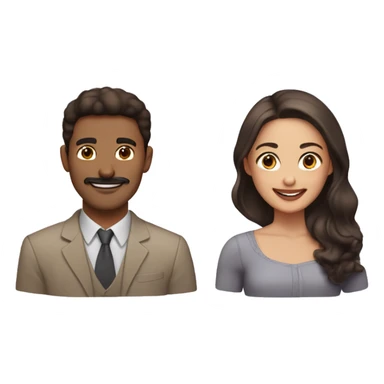 woman with dark brown hair and light tan skin smiling with a man with brown hair and fair skin with a faint mustache sticker