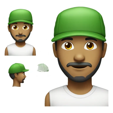Create a young mixed-race man with a beard and moustache wearing an all-green cap and a white T-shirt sticker