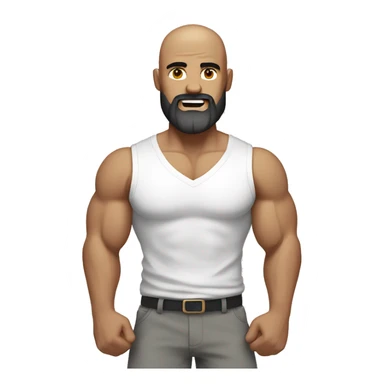Man flexing muscles in a white shirt and grey shorts, bald, brown beard sticker