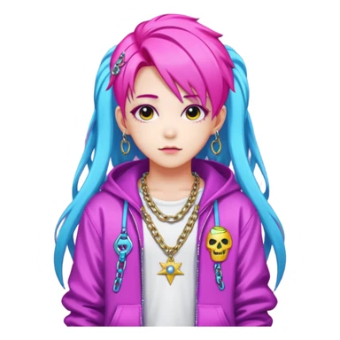  portrait-of-young-ghost-idol-in-kpop-style,-wearing-flashy-streetwear-outfit,-colorful-dyed-hair,-confident-pose,-accessorized-with-chains- sticker