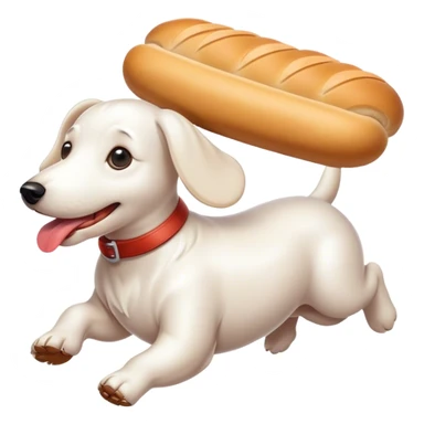 White sausage dog running whit a bread in its mounth sticker