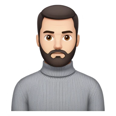 Man with square face, trimmed full beard, thick eyebrows, short dark hair combed back. Serious-neutral expression. Light gray thick knit sweater with folded collar. sticker
