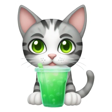 A striped grey cat with green eyes drinking boba sticker
