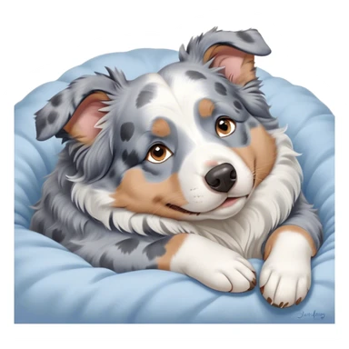 Cinematic Meme-Worthy Chubby Sleeping Blue Merle Australian Shepherd Portrait Emoji, Head resting peacefully with a contented smile, showcasing a delightfully chubby build and a luxuriously soft blue merle coat with striking white accents, eyes shut in a serene nap, Simplified yet hilariously adorable features, highly detailed, glowing with a soft, drowsy light, high shine, relaxed and utterly lovable, stylized with an air of playful laziness, bright and heartwarming, soft glowing outline, capturing the essence of a comically sleepy Blue Merle Australian Shepherd, so meme-worthy it feels like it could instantly become the next viral sensation of adorable slumber! sticker