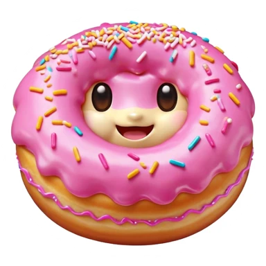 Cinematic tiny happy donut, round and fluffy, golden brown with pink icing and sprinkles, tiny adorable face with blushing cheeks, warm glowing background. sticker
