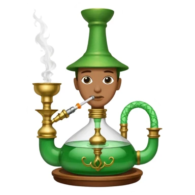 Brass hookah with green design on a glass water base on the top; with two smoke pipes where people are holding them and smoking m from the side all pouting on top sticker