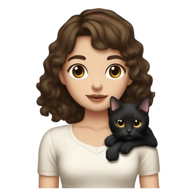 tall skinny brunette haired girl with brown eyes medium wavy hair and curtain bangs holding fat black cat with white spot on its belly sticker