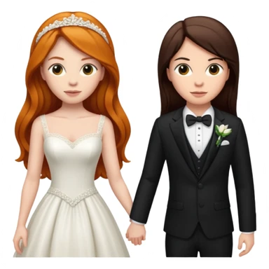 two girls getting married. one ginger with long hair in a BLACK SUIT. one DARK Haired brunette in a WEDDING dress sticker